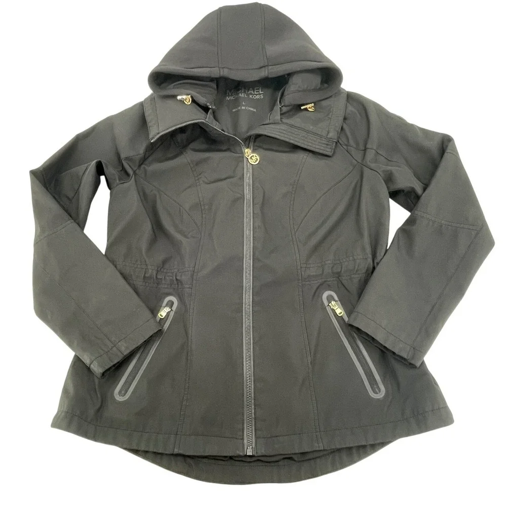 MICHAEL‎ KORS Womens Black Hooded Anorak Rain Jacket Size L Utility *Flaws*READ*